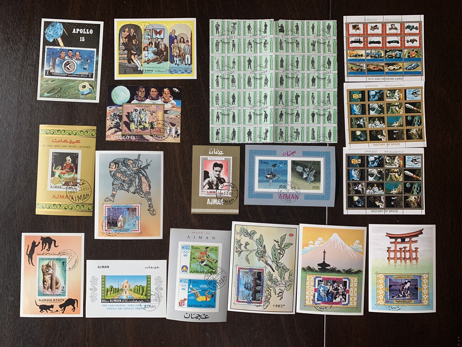 GREAT LOT OF AJMAN SHEETS AND SOUVENIR SHEETS STAMPS SPACE, CATS, CARS AND MORE