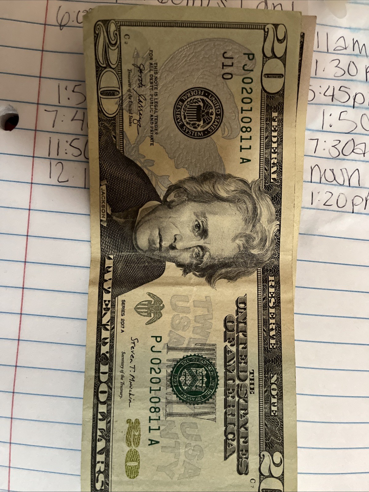 2017 $20 Dollar Bill Serial