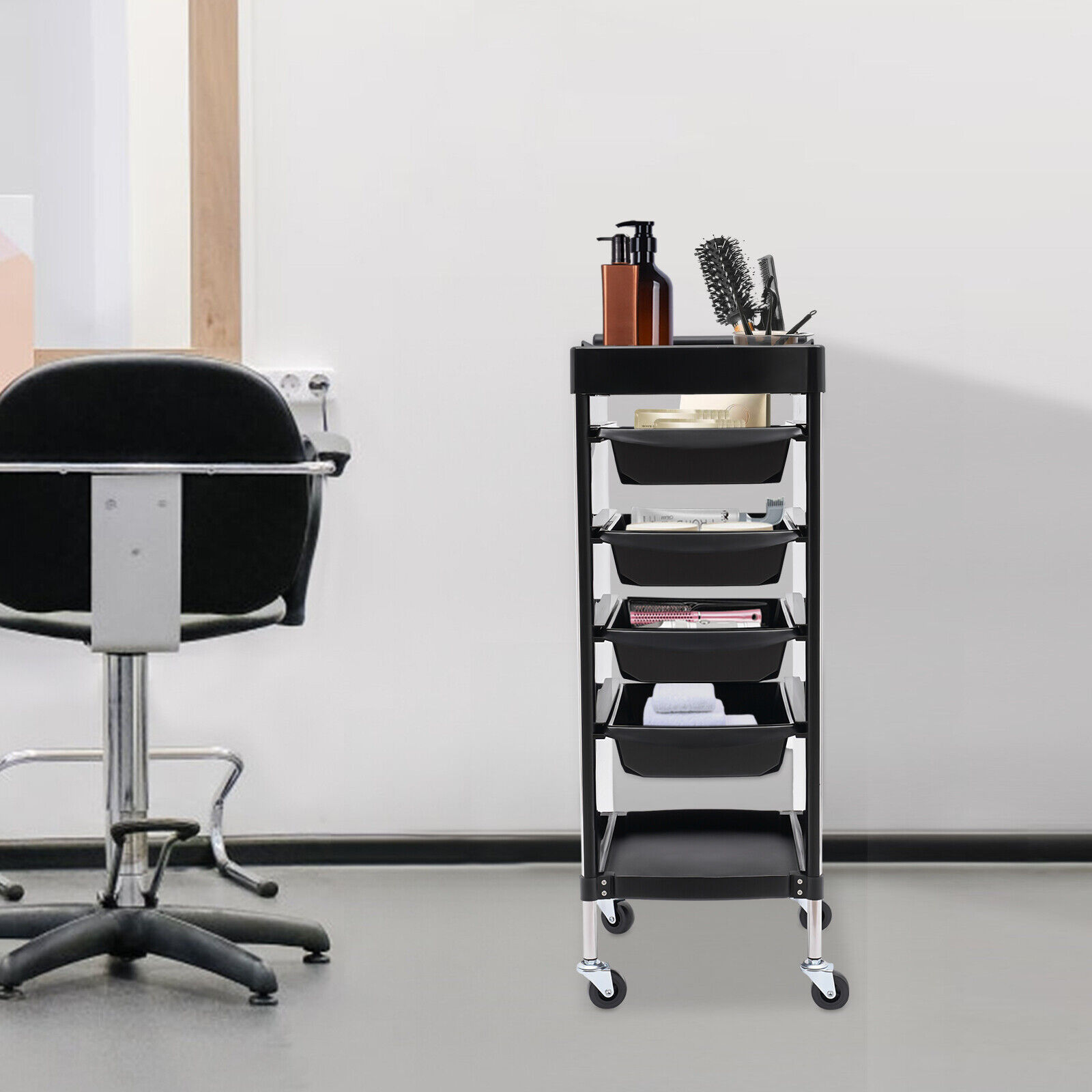 6-Tier Salon Trolley with Lockable Wheels, 4 Drawers, and Side Trays