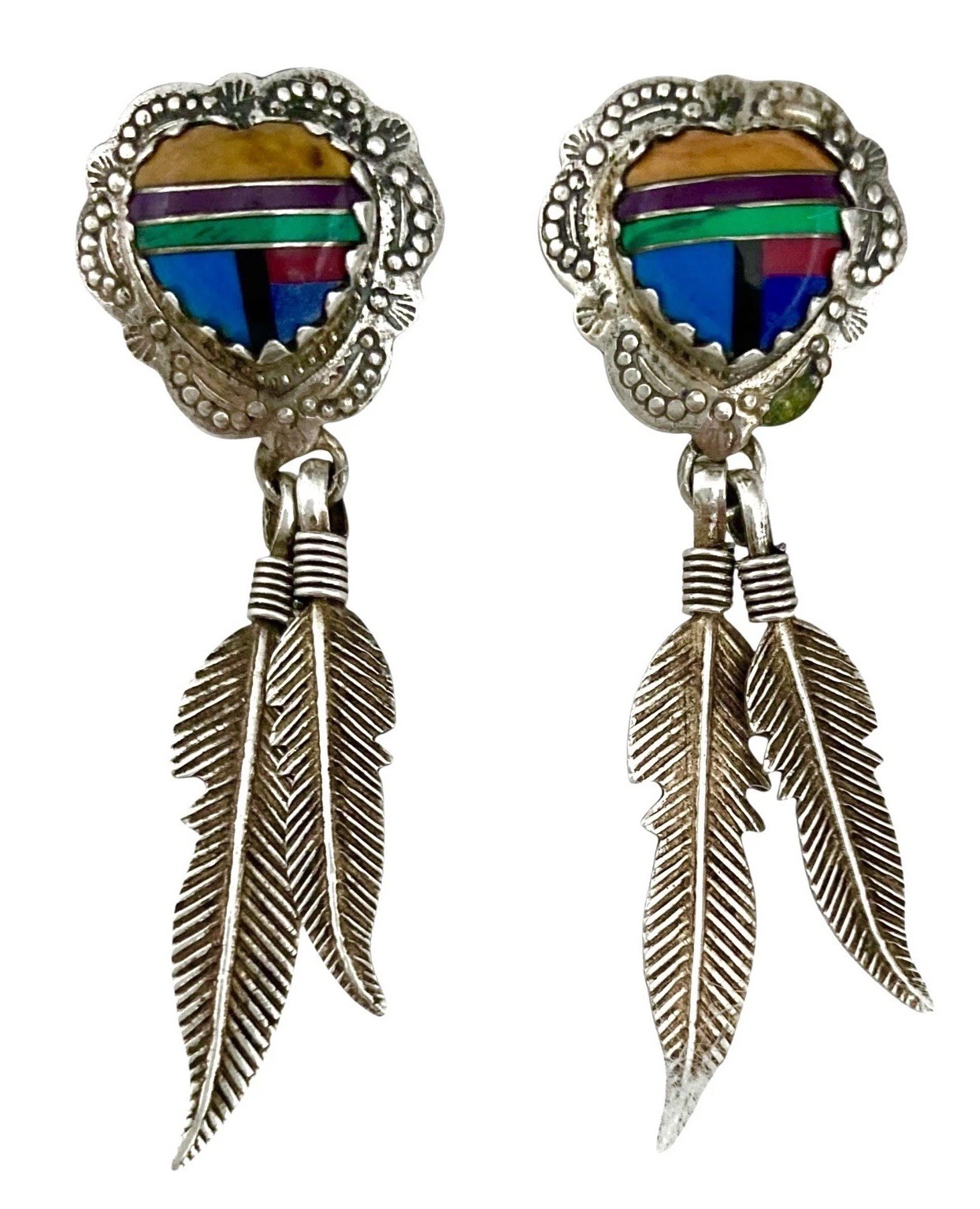 VINTAGE SOUTHWEST Sterling Silver INLAID GEMSTONE HEART Feather Post Earrings