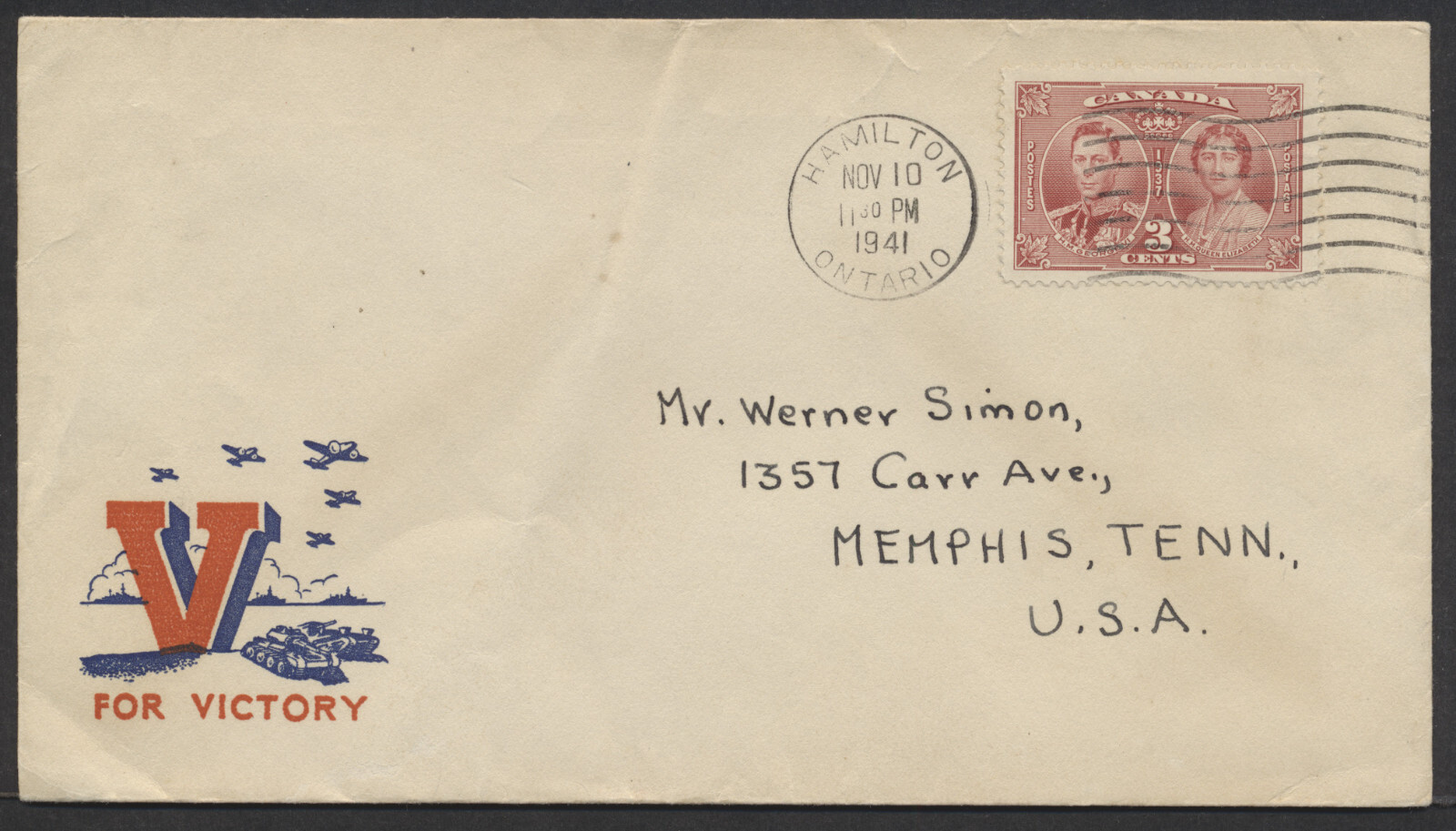 1941 V For Victory Patriotic Cover Hamilton ONT Machine to USA
