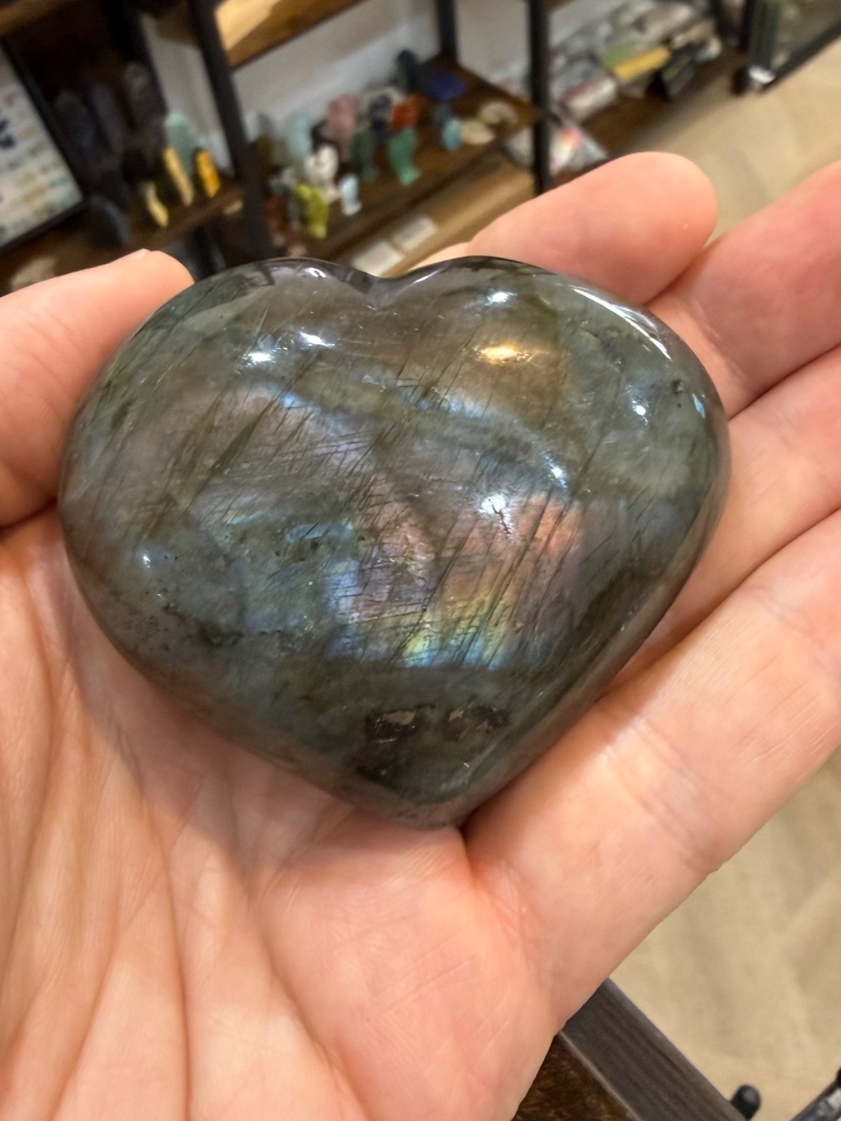LABRADORITE Carved Heart Palm Stone Large Size Natural Crystal Polished 70mm