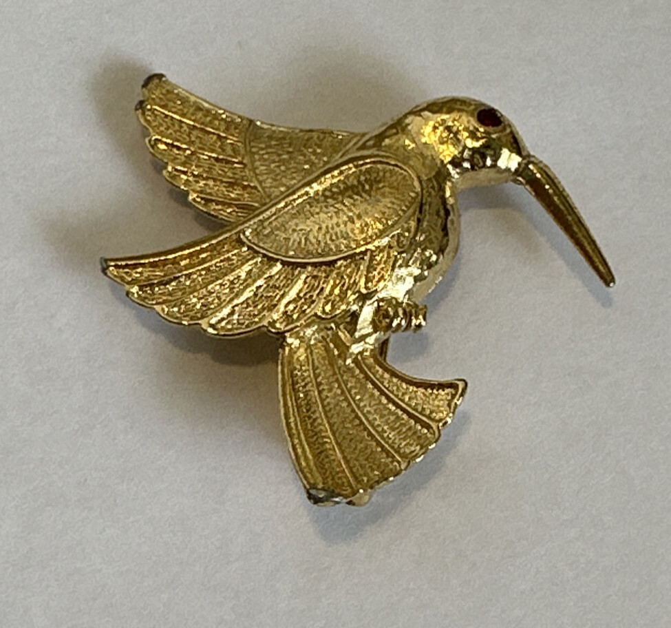 Vintage Brushed Gold Tone Hummingbird Red Crystal Eyes Brooch Pin 2”