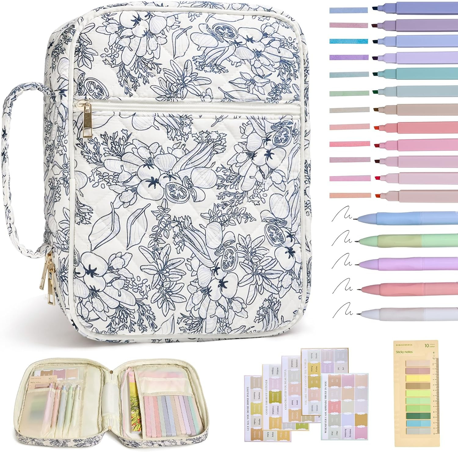 Large Quilted Bible Cover for Women with Handle - Blue Floral Design