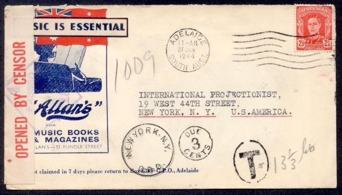 AUSTRALIA 1944 ADELAIDE MUSIC ILLUSTRATED CENSOR SHORT PAID TO USA