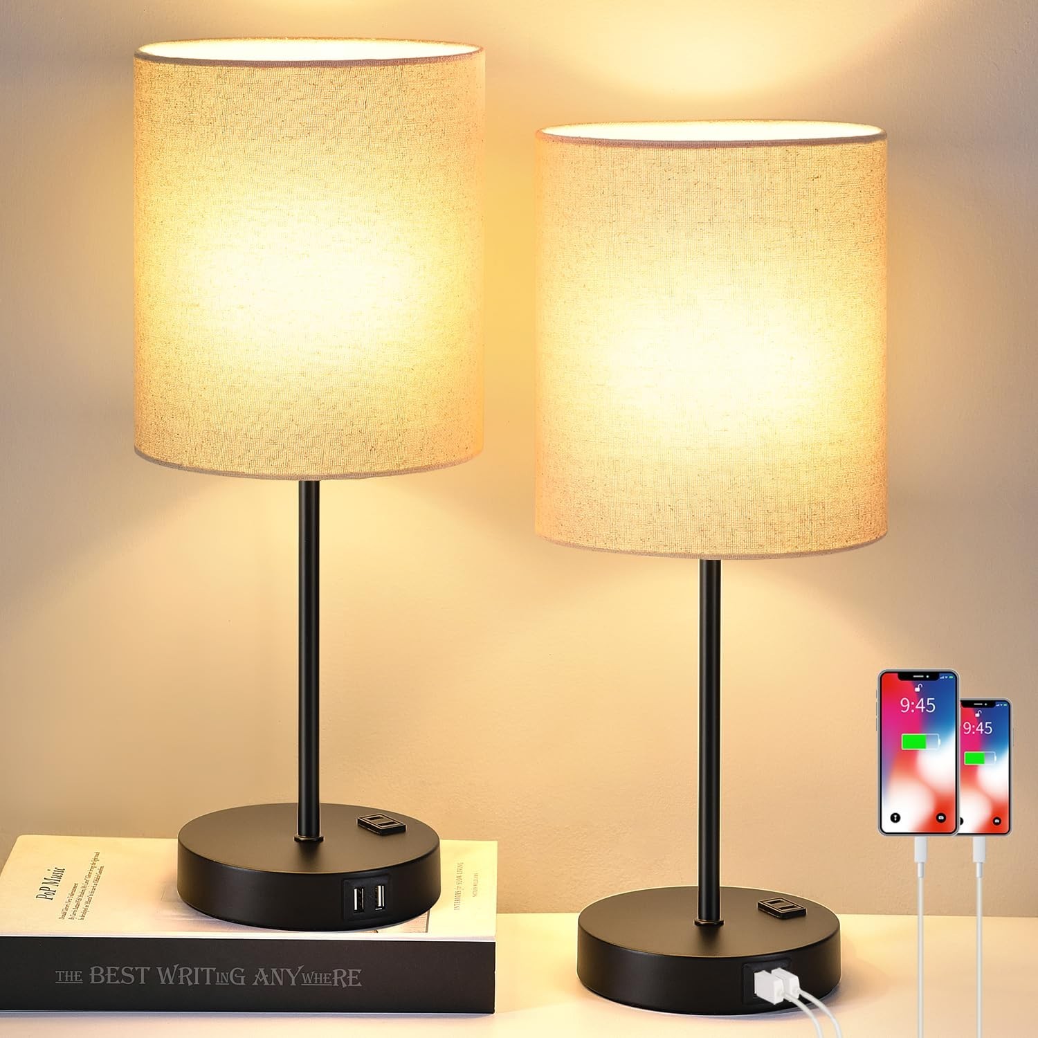 【Upgraded】Set of 2 Touch Beige Table Lamps with 2 USB Ports & AC O