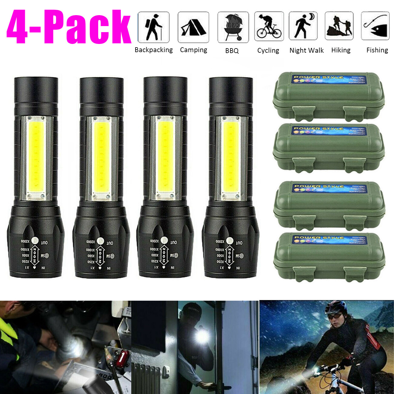 4pcs 1000000LM Bright COB LED Tactical Flashlight Rechargeable Work Light Torch