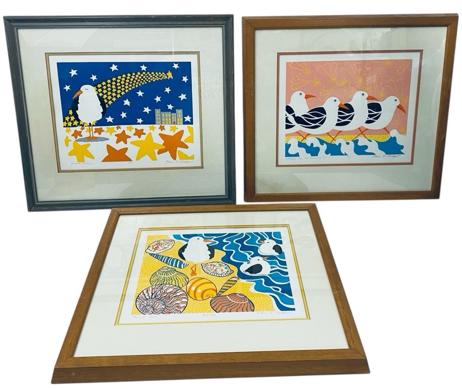 Ann T Cooper Seagulls ~ 2 x Artist Proofs ~ Silkscreen Framed Coastal Decor Wall