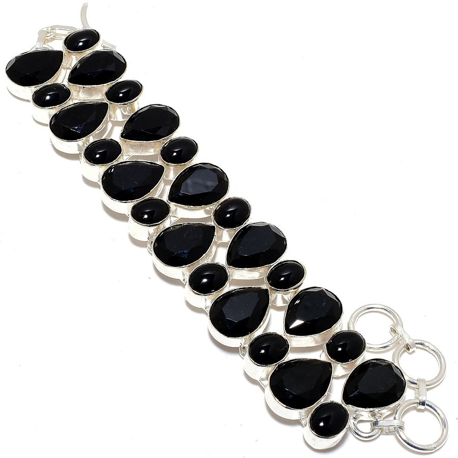 Classic Natural Black Onyx Polished 925  Silver Bracelet Q951