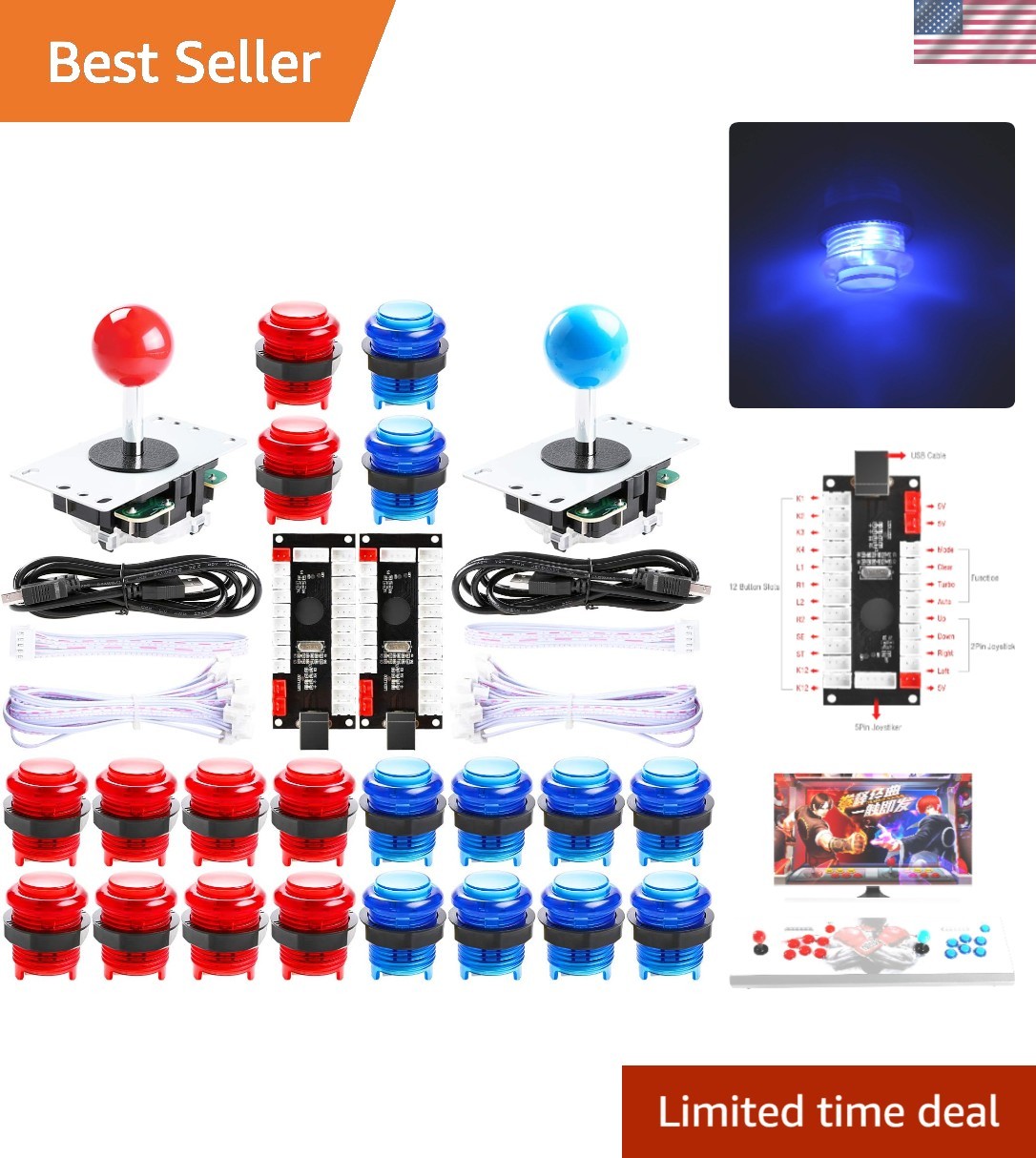 2 Player led arcade buttons and joysticks DIY kit 2x joysticks + 20x led arca...
