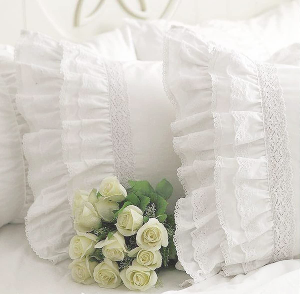 Queen’s House Shabby Ruffled Pillow Shams White Lace Pillow Covers Cotton Vin...