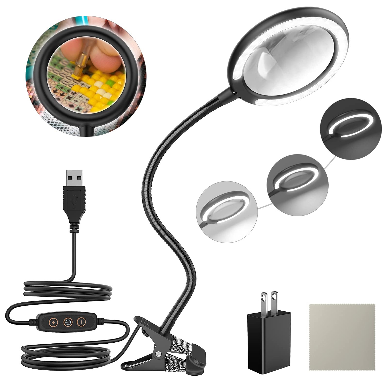 LED Magnifying Lamp with Clamp, Raweao 3X Lighted Glass Black 