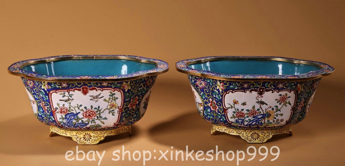 7.6" Qing Qianlong Chinese Enamel color Porcelain Dynasty Flower Bird basin Pair