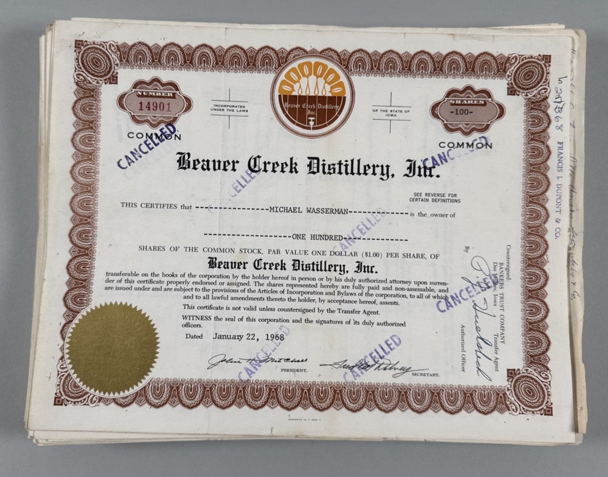 Lot of 100 Beaver Creek Distillery Inc. Stock Certificate Vintage