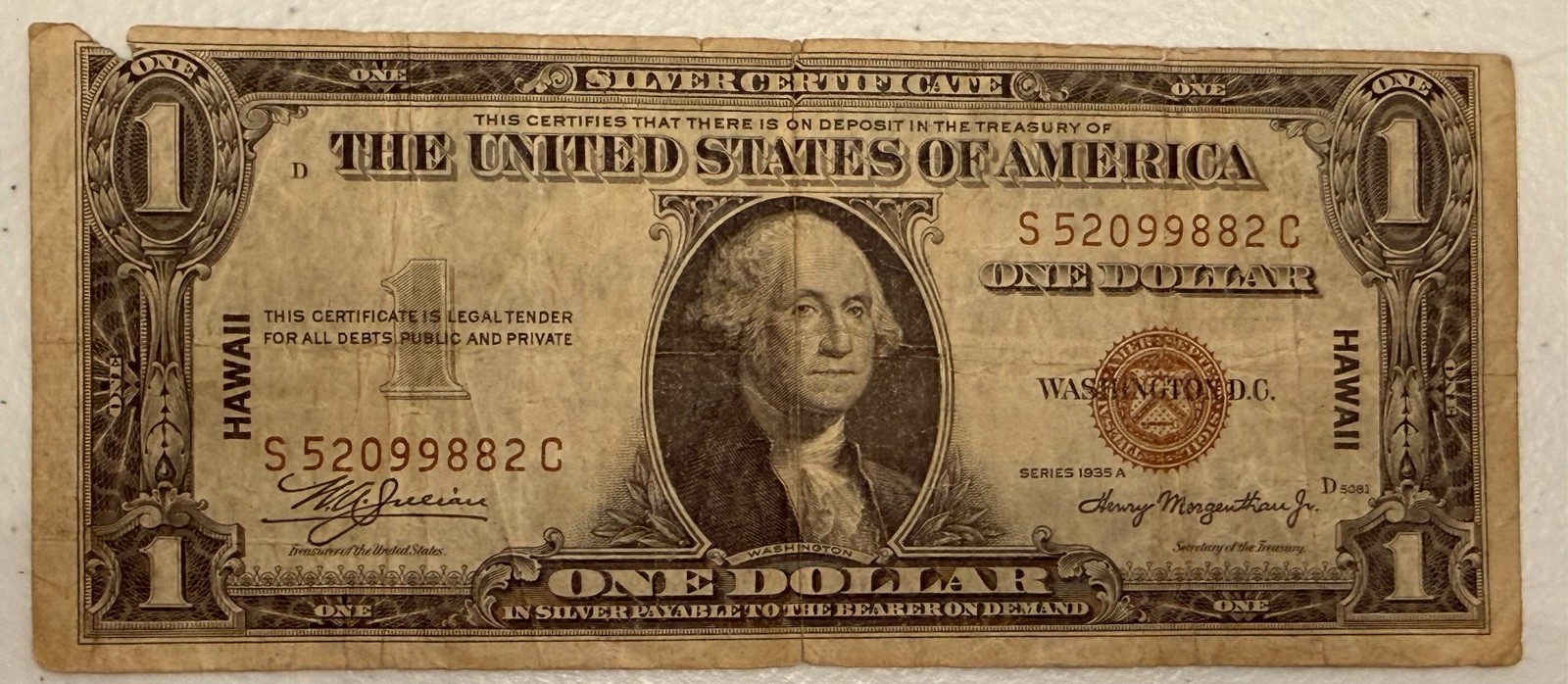 1935-A HAWAII brown seal $1 silver certificate. Emergency Issue. Fine S52099882C