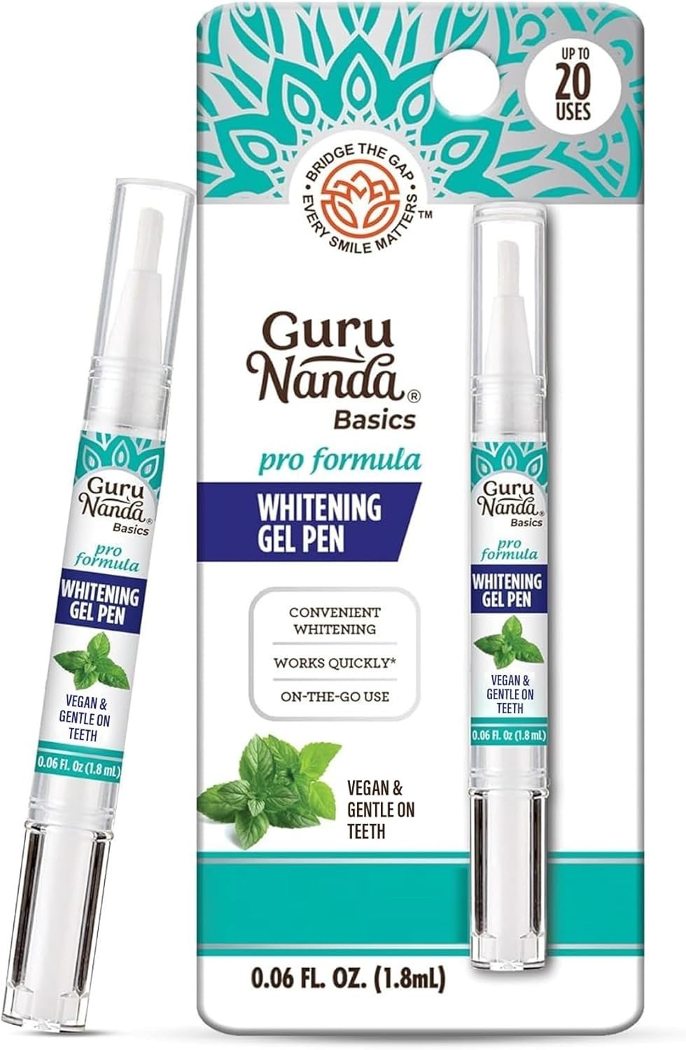 GuruNanda Teeth Whitening Pen,(0.06 fl oz)-20 Uses, Vegan & Gentle on Teeth Pro