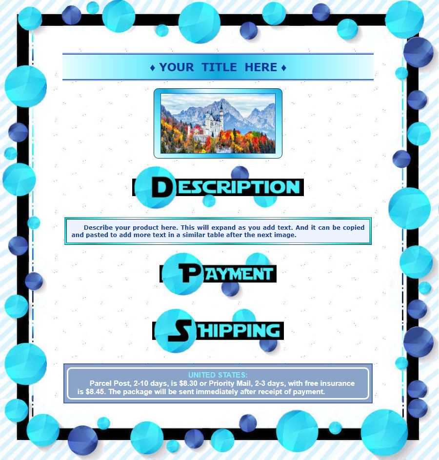 AUCTION TEMPLATE Circles Border Design Turquoise & Blue - FREE Email Shipping