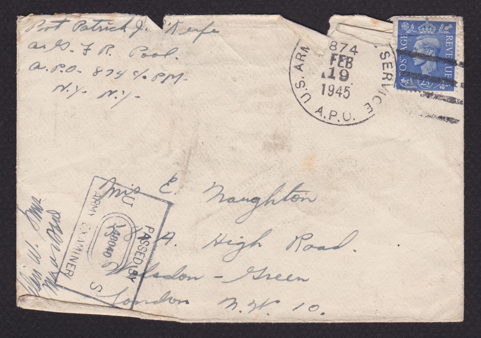 GREAT BRITAIN 1945, Censored cover from USA, fieldpost, WWII