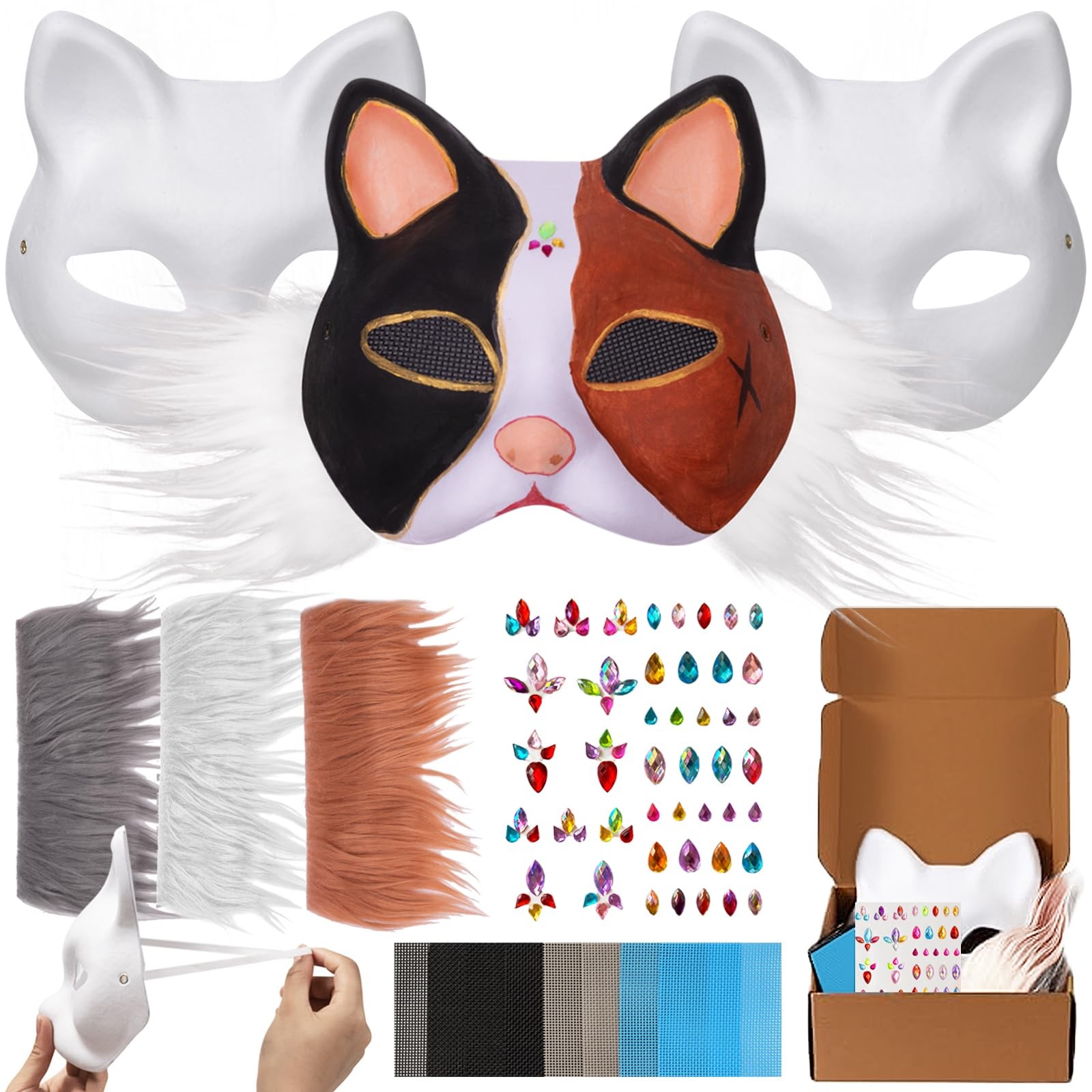OPPKIE Cat Fox Mask 3PCS with Furs Eye Meshes and Gem General, White 