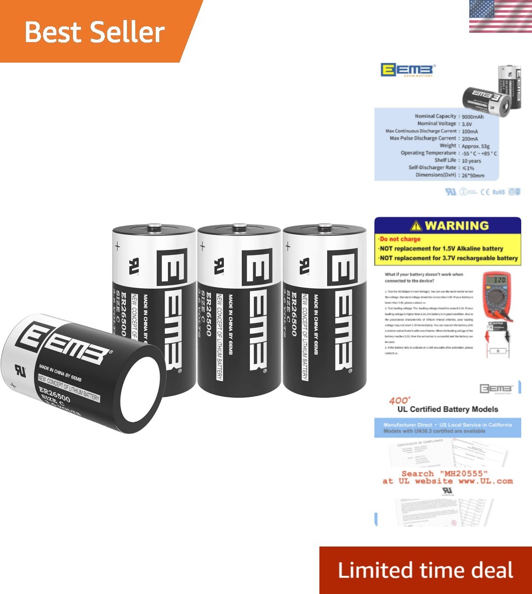 4-Pack ER26500 3.6V 9000mAh C Size Lithium Battery – Replacement for LS26500,...