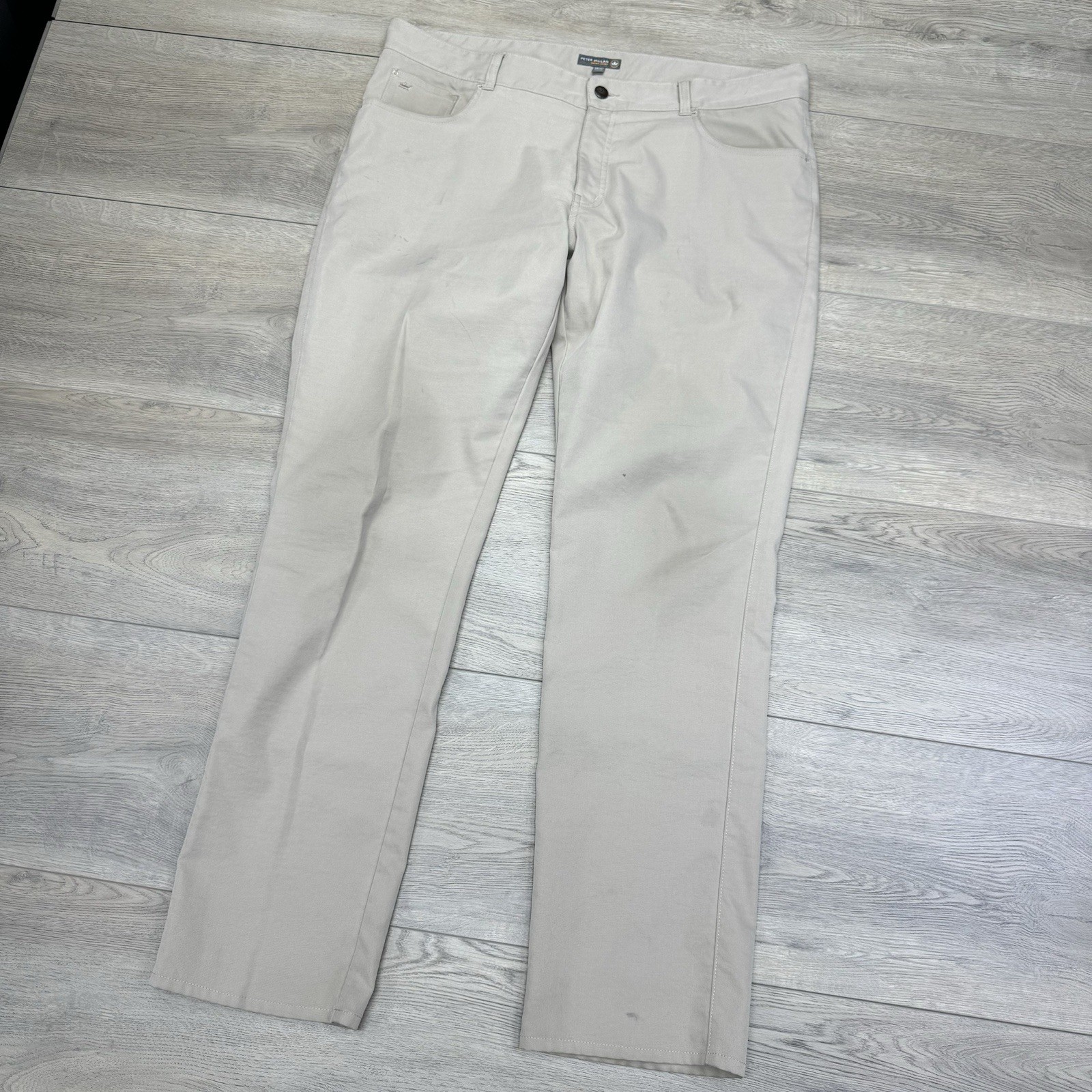 Peter Millar Crown Sport EB66 Performance 5 Pocket Pant Sz 38x32 FAIR Golf Khaki