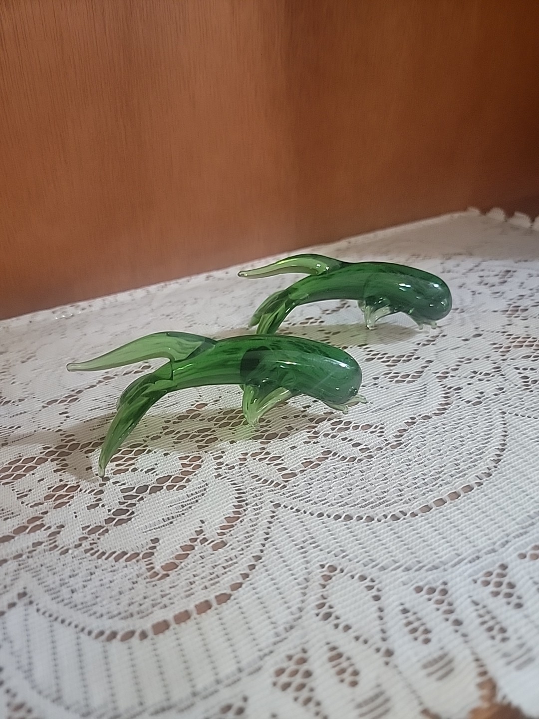 Pair Of Handblown Green Glass Dolphins