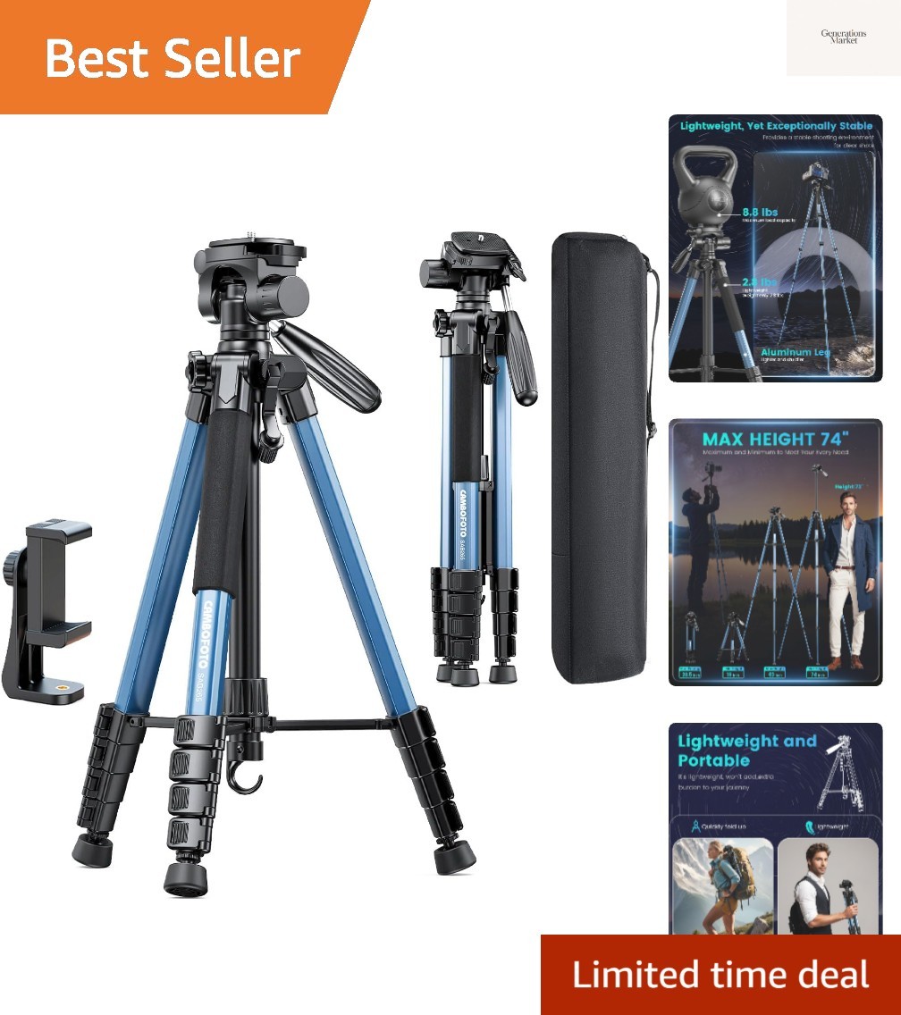 74"-Camera-Tripod, Navy Blue Professional Aluminum Heavy Duty Tripod Stand fo...