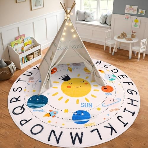 ABC Round Kids Rug for Playroom,5.2 ft Washable Alphabet Kids Room Rug,Non 