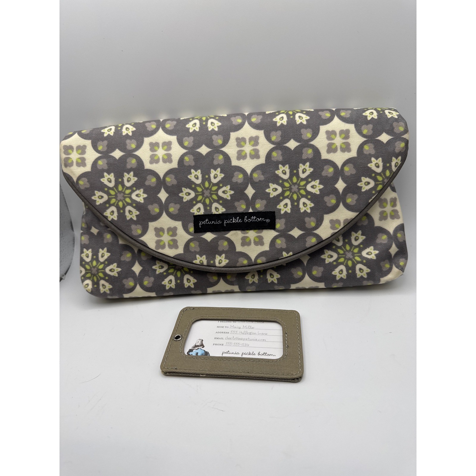 Petunia Pickle Bottom Diaper Clutch Changing Pad Grey Lime Floral Tile Print