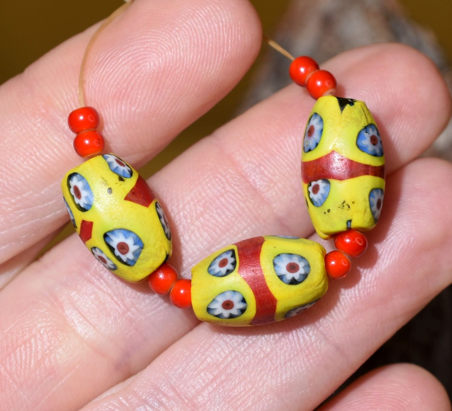 Antique Venetian Semi Oval Millefiori Glass Beads W/ Red Stripes, African Trade