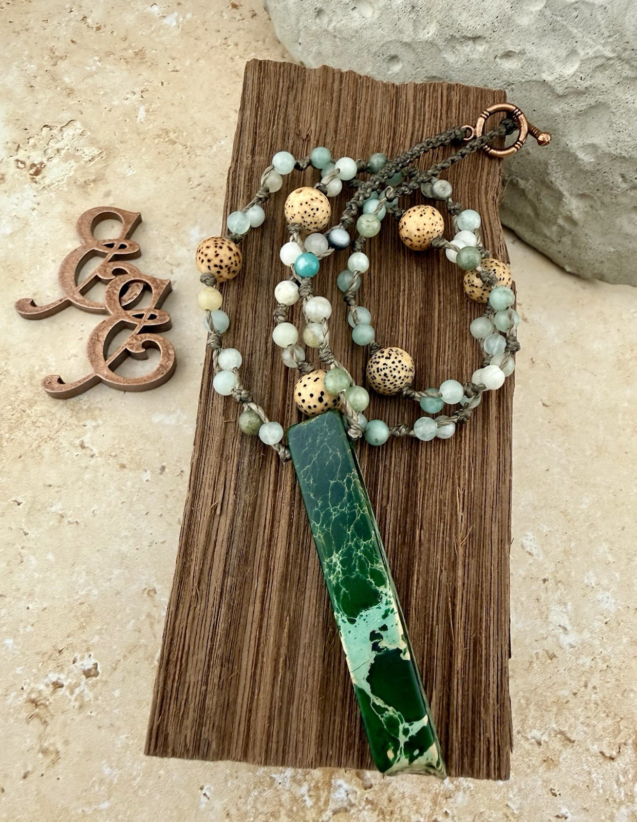 Emerald Aqua Terra Jasper w/ Amazonite, Bodhi. Crystal Necklace Handmade in USA