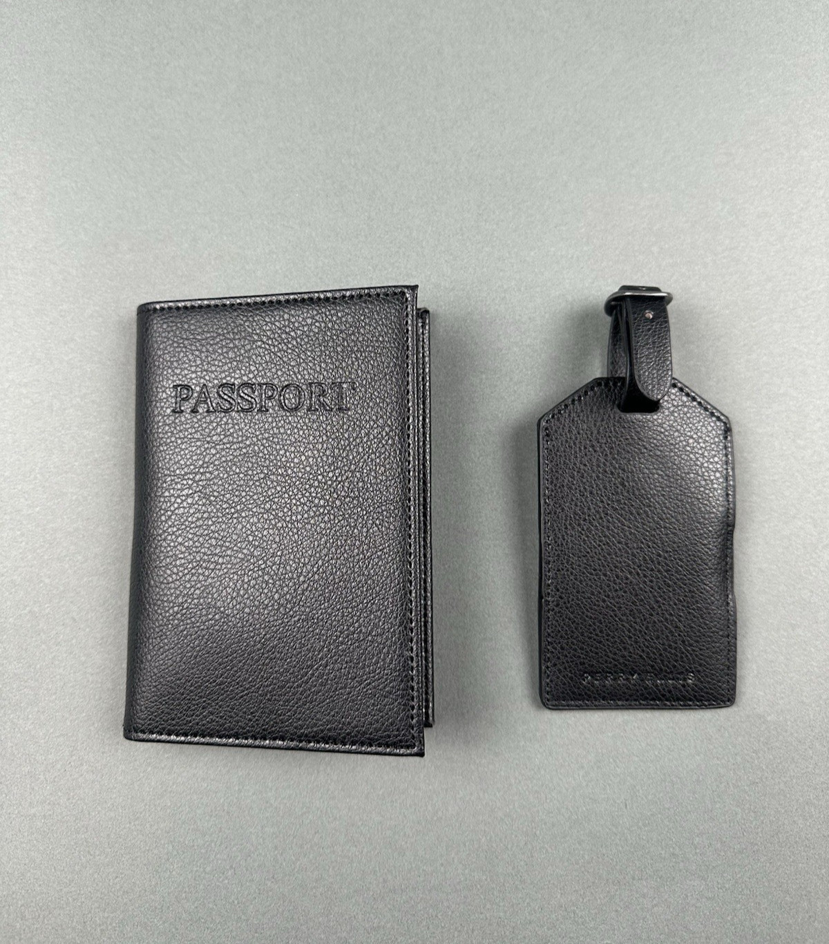 NEW Perry Ellis Portfolio Black Leather Passport Holder Striped Luggage Tag