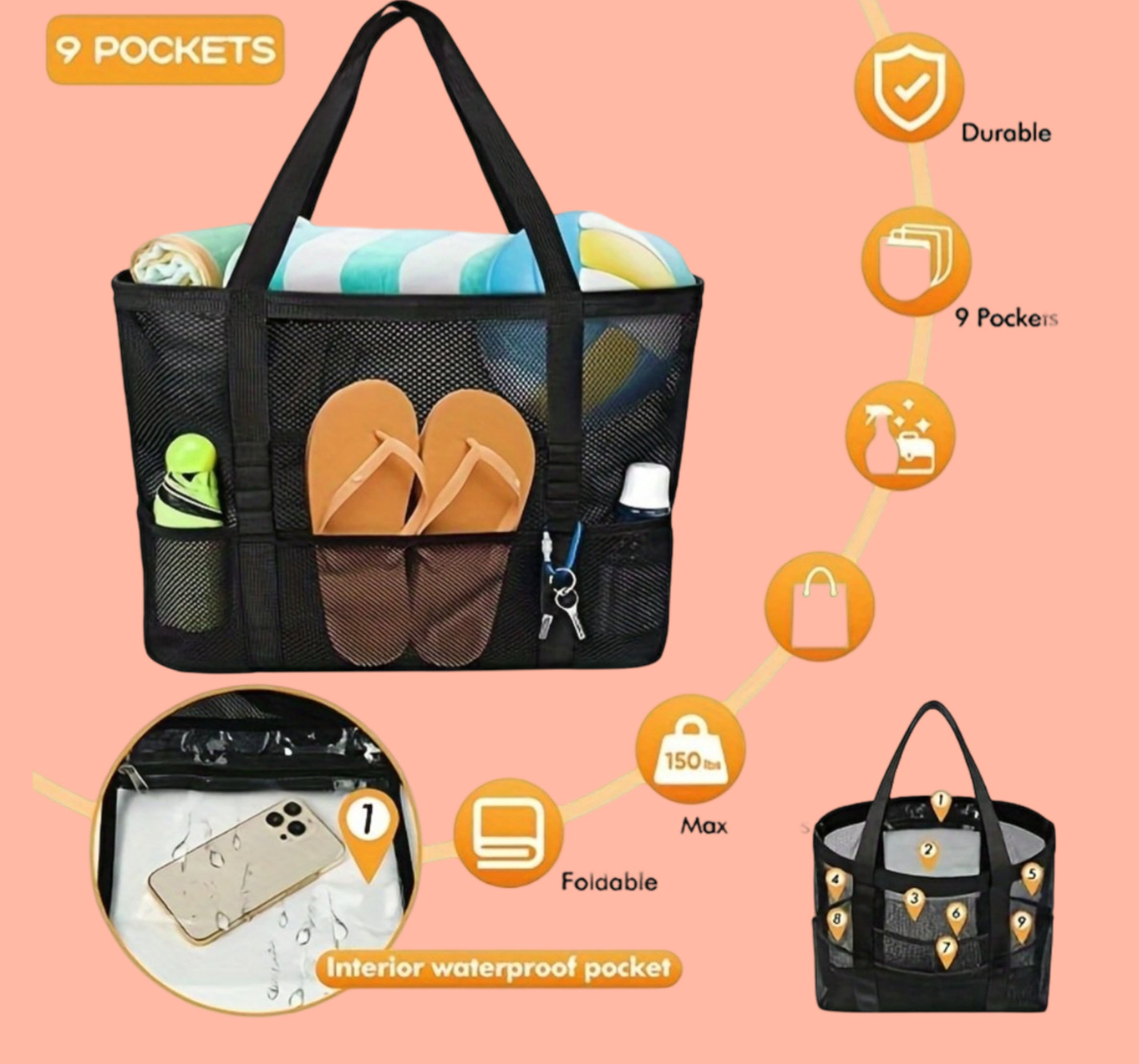 Beach Tote Mesh Waterproof Cell Pocket XL 17.5 x 15 x 8 Black Nylon Bag Handle