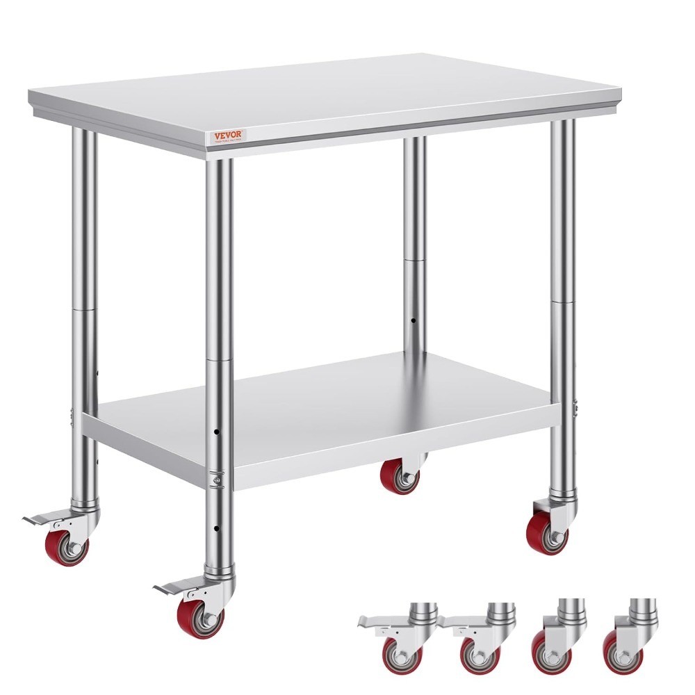 Stainless Steel Work Table 36x24 Inch with 4 Heavy Duty Wheels Commercial