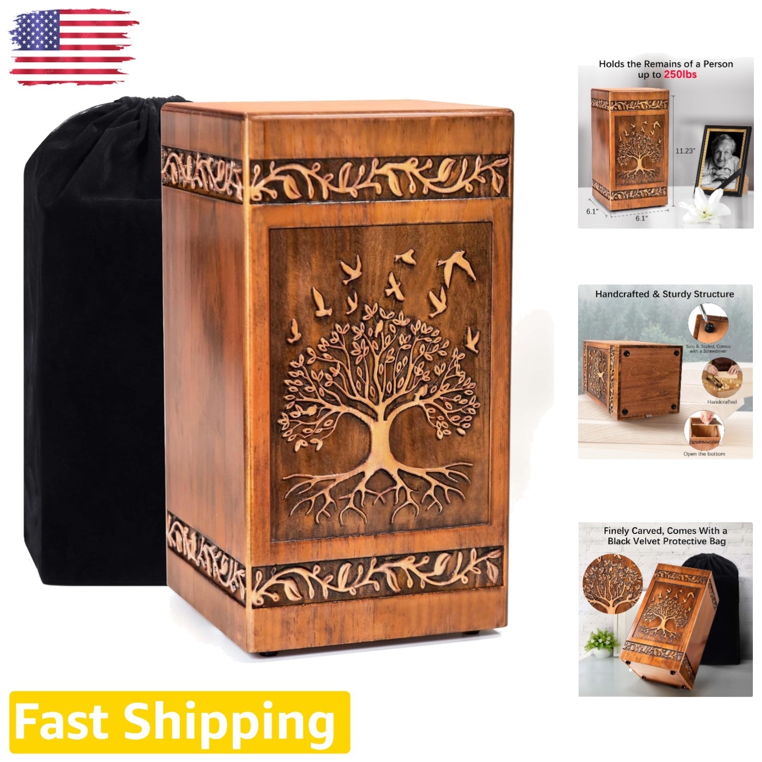 Handcrafted Wooden Urn for Human Ashes 250 Cu In Tree of Life Retro Style
