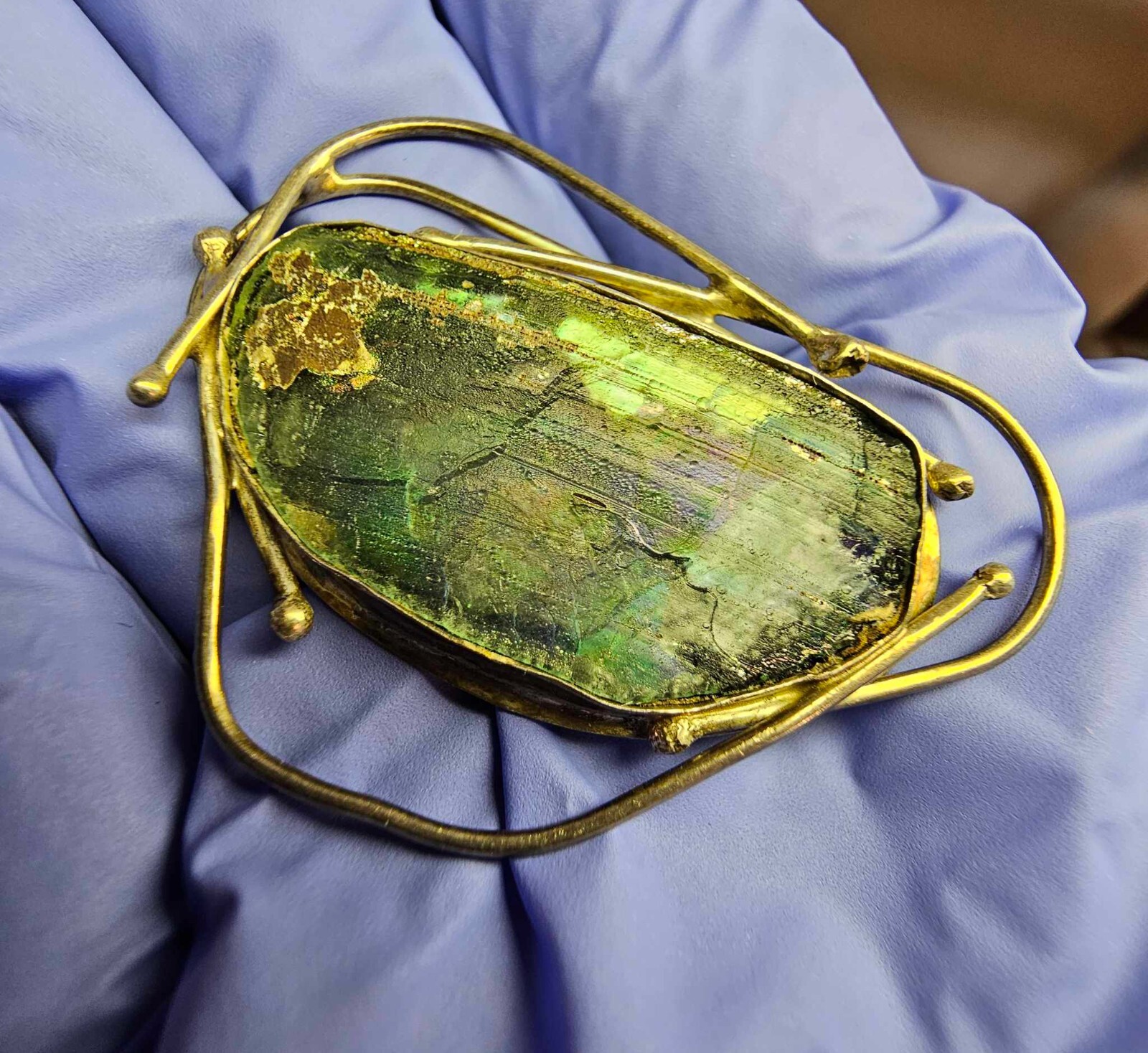 925 Sterling Silver w Labradorite blue green Brooch Pin Abstract- B30