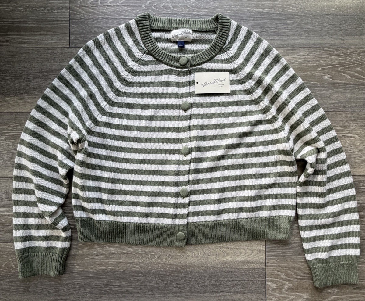 Universal Thread Cardigan Sweater Green/Off-White stripe Women Size Large NEW