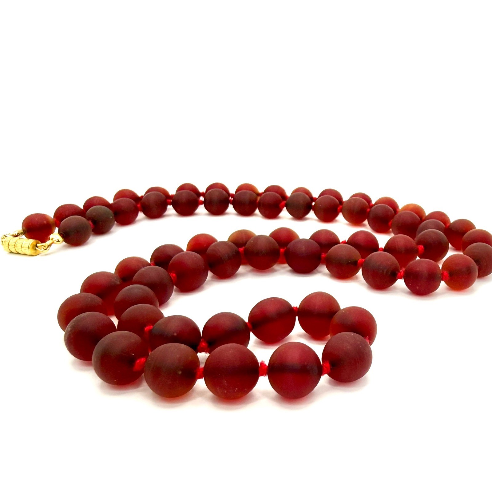 Vintage Handblown Amberina Red Glass Bead Pearl Necklace Frosted Hand Knotted