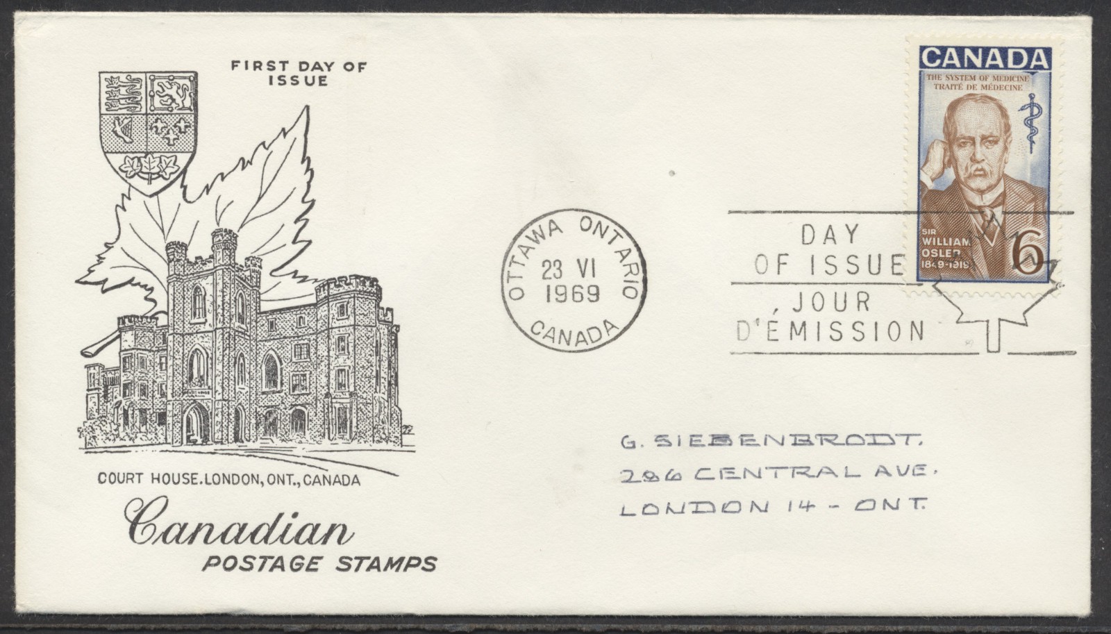 1969 #495 Sir William Osler FDC Middlesex Stamp Circle Cachet Ottawa