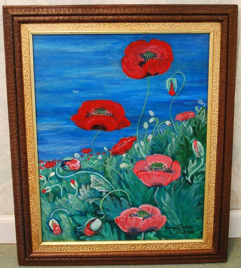 ANNA MACIEJEWSKA DYBA Original RED POPPIES Canvas ACRYLIC PAINTING Signed Framed