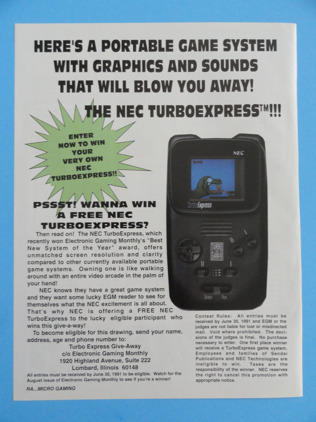 TurboGrafx-16 Console TurboExpress NEC VINTAGE PRINT AD 8.5"X 11" - 1991