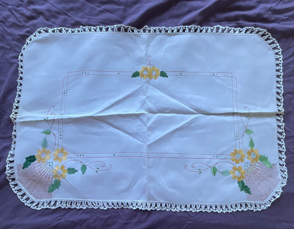 Vintage handmade embroidered tablecloth   29 inch x 19 1/2 inch   Cottage core
