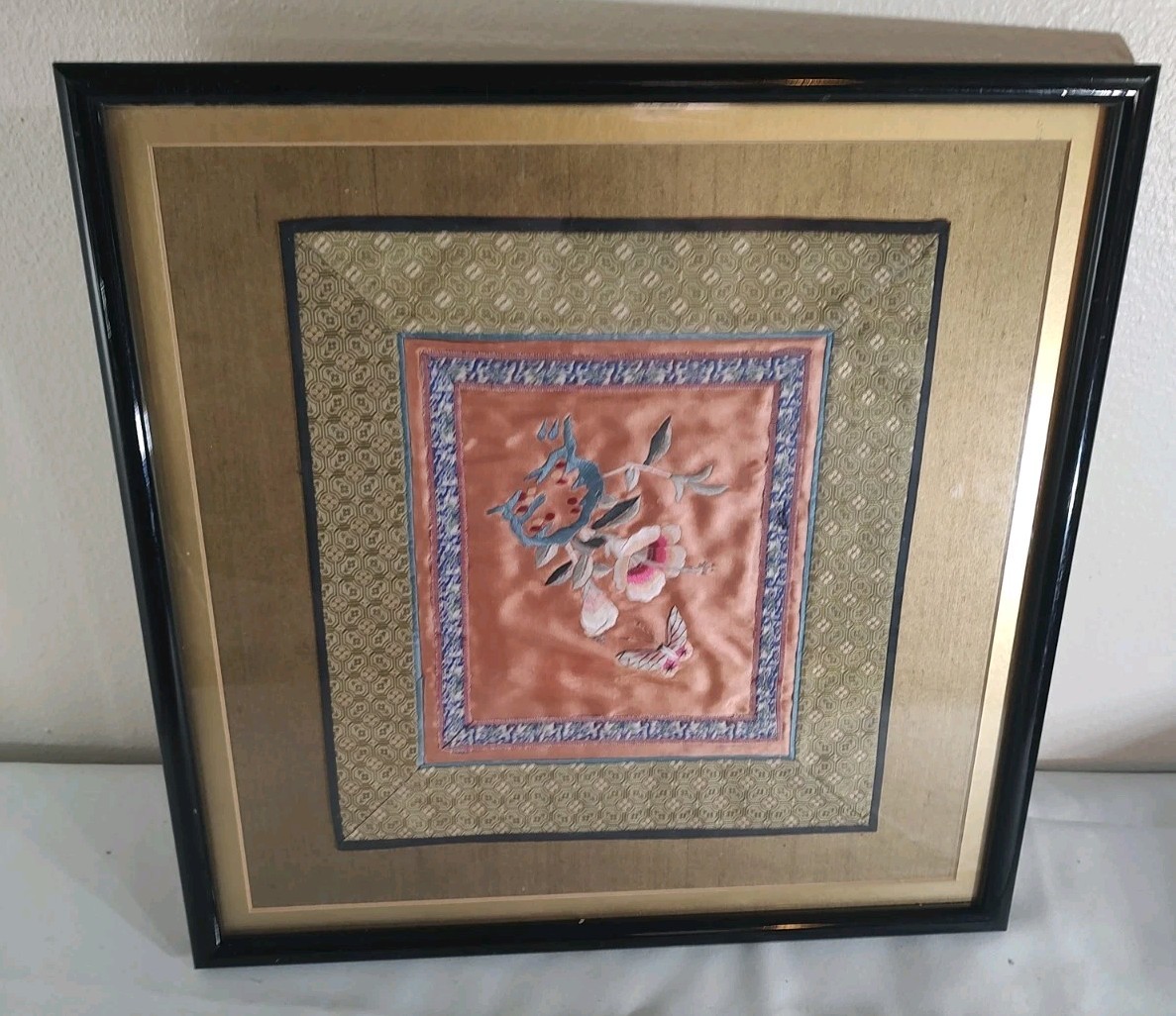 Vintage Asian Silk Embroidery: Butterfly and Garden Floral Scene in Frame
