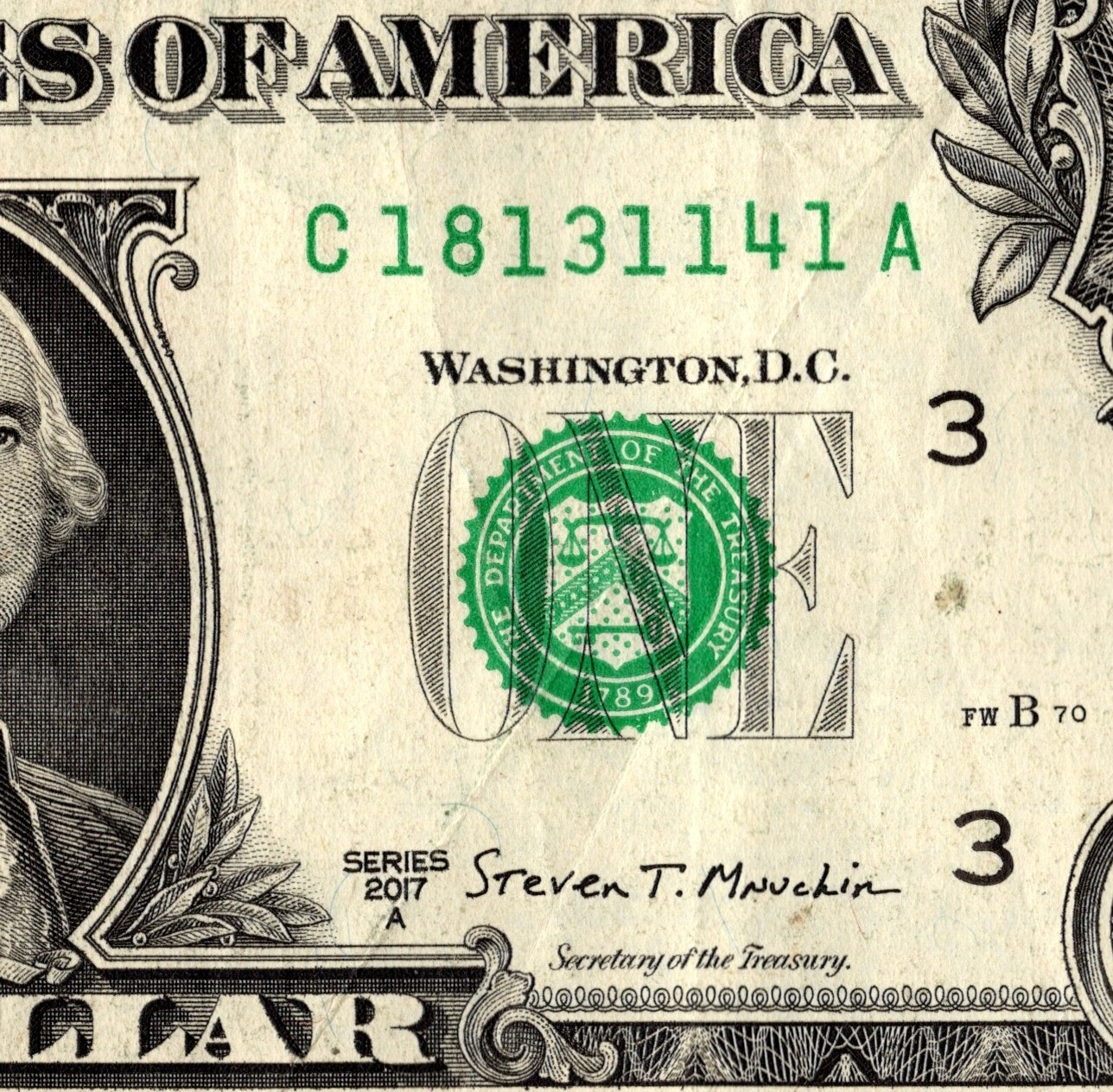 5 of a kind Fancy Serial Number One Dollar bill C18131141A