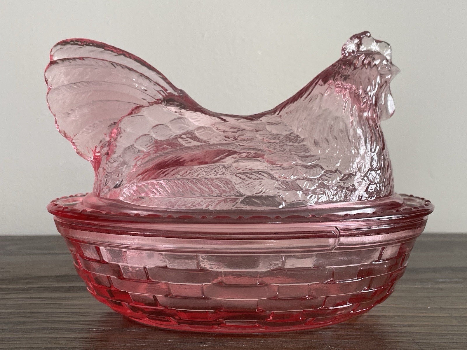 Vintage Longaberger Cranberry Pink Glass Hen On Nest Lidded Oval Candy Dish 5x7