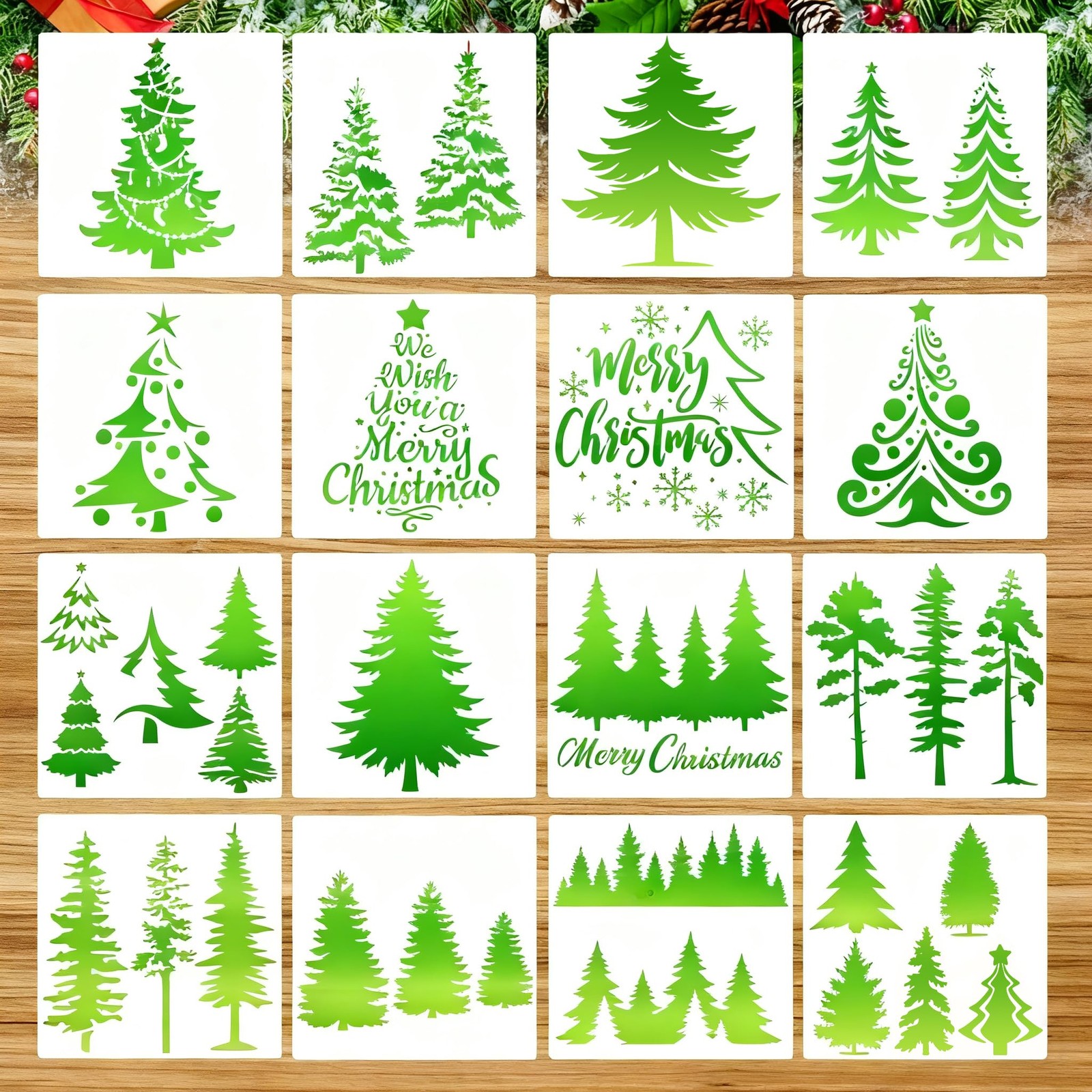 HOWAF 16pcs Pine Tree Stencils, 15 x 15 cm / 5.9 x inches, white 