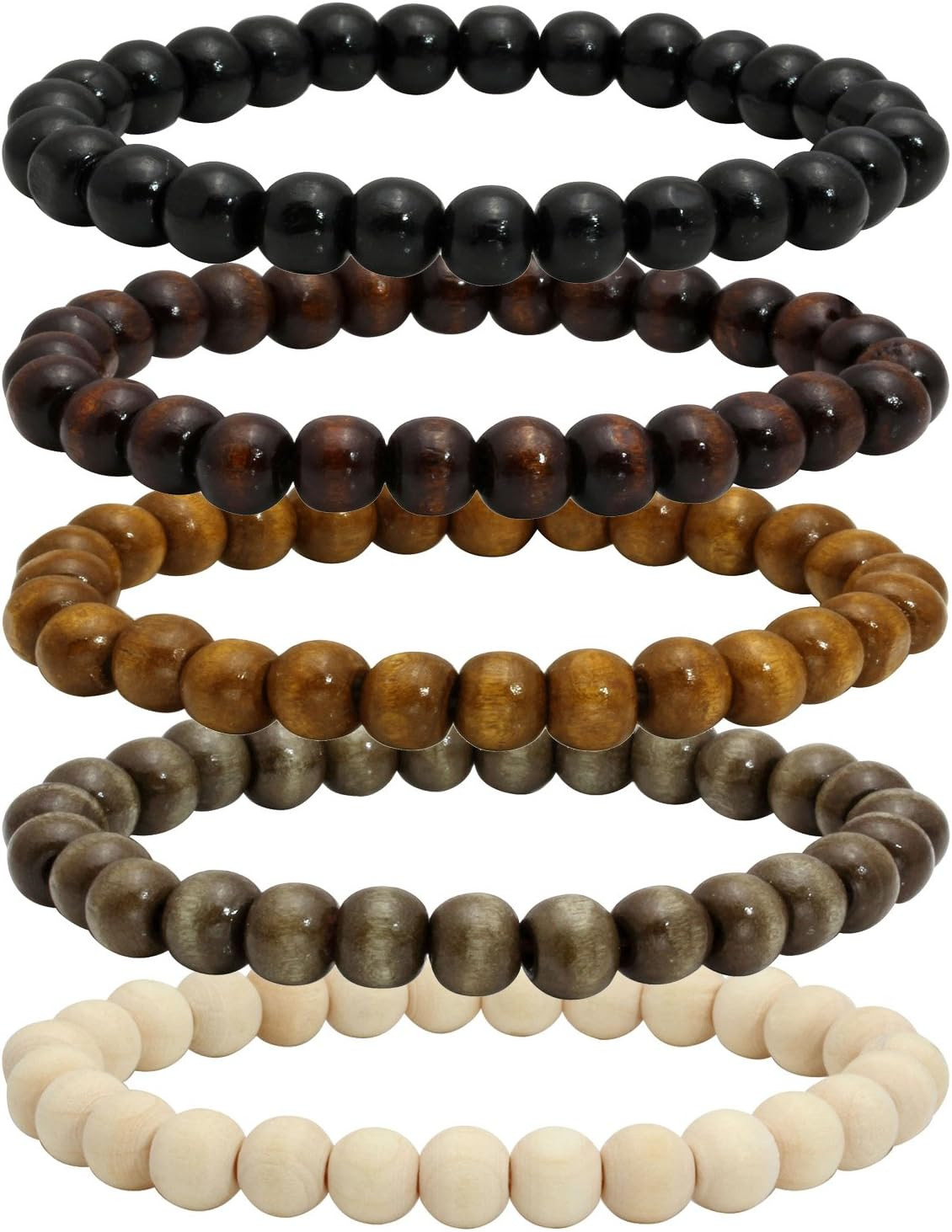 5 Pcs Wooden Beaded Bracelet Bangle for Men and Women Elastic