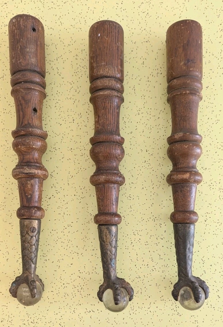 3 Antique Turned Wood Claw Feet Furniture Legs Base W Glass Ball  Eagle Claw 