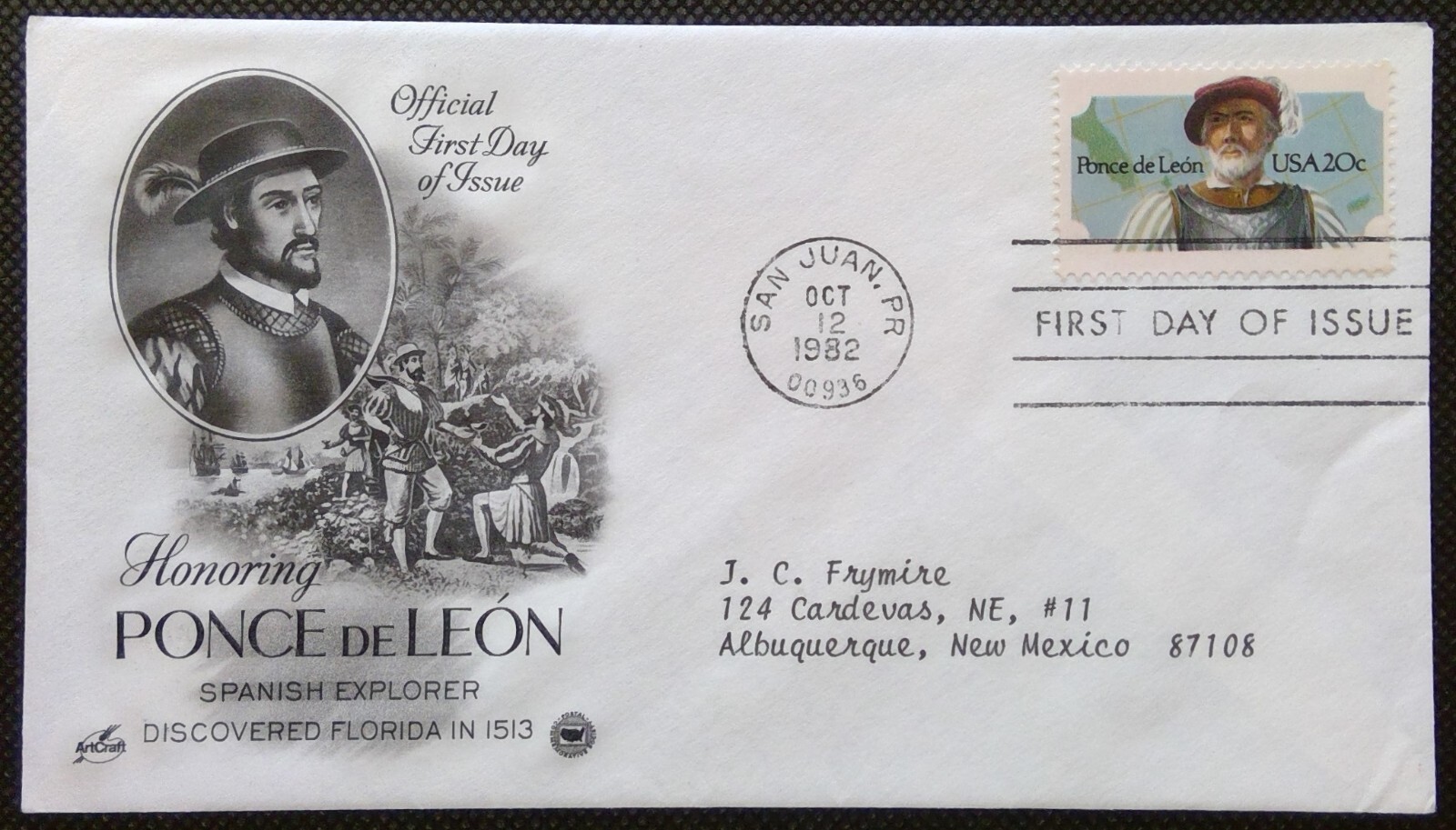 Scott 2024 FDC Ponce de Leon Art Craft PCS Cachet ADDRESSED
