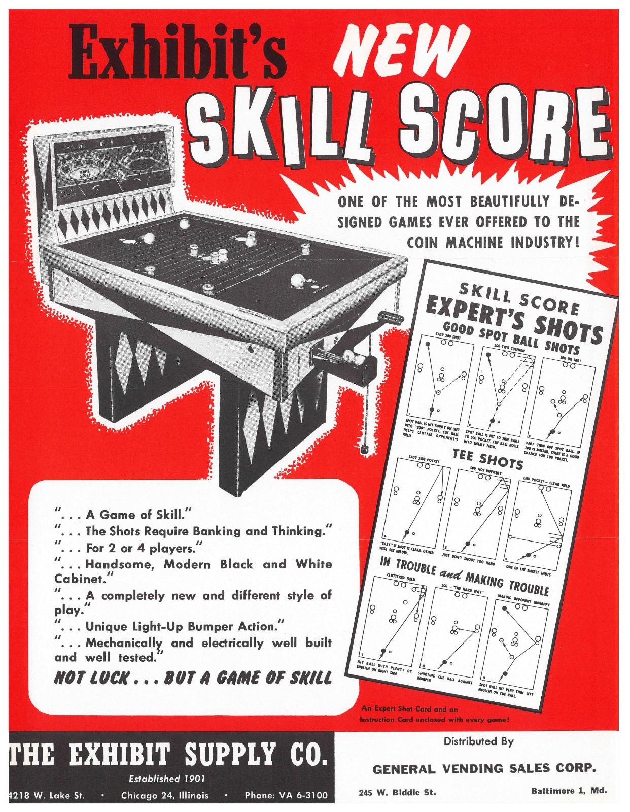 Skill Score Pool Table Vending Arcade Gaming FLYER / Brochure / Ad